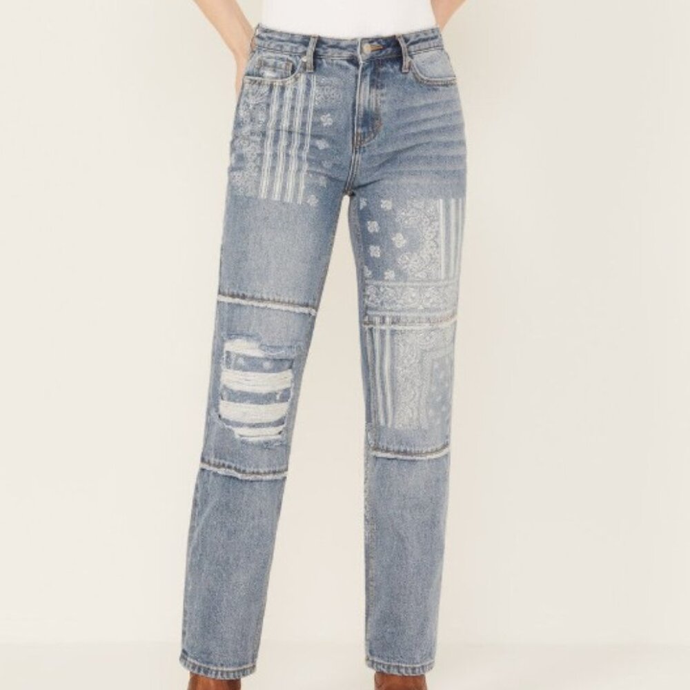 Cleo + Wolf Women's Astoria Medium Wash High Rise Straight Jeans with print